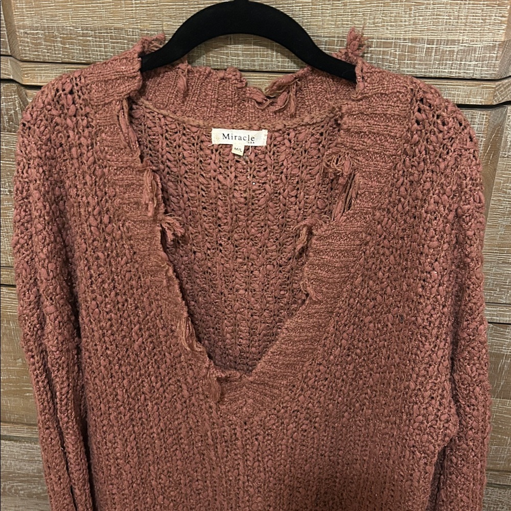 Miracle Rust V-Neck Distressed Sweater - Picture 3 of 5